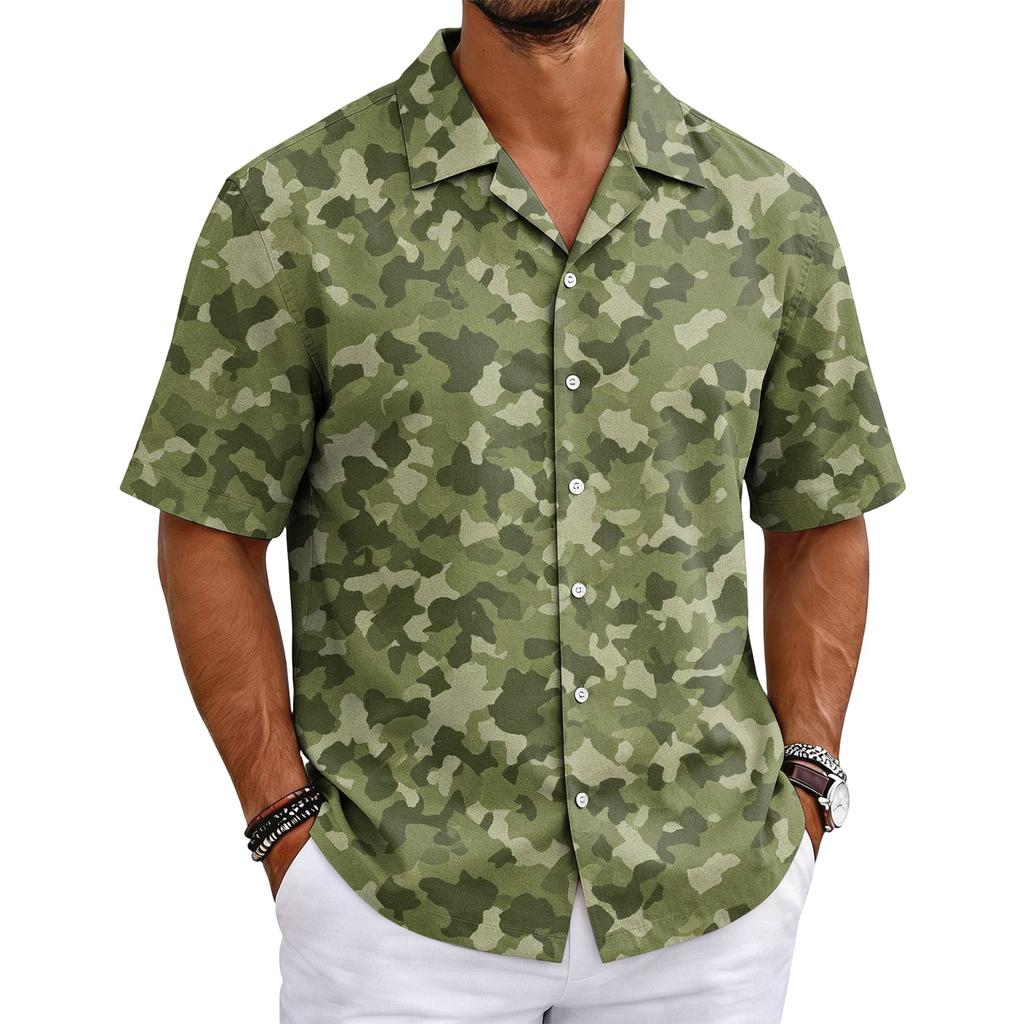 Men's Camouflage Short Sleeve Cuban Collar Shirt Lightweight Breathable Casual Button Down Shirt Summer Beachwear