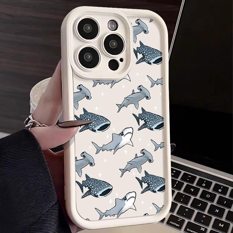 For iPhone 16 16E 15 Pro Max 14 Pro 13 12 11 Case Cartoon Shark Pattern Anti-Fall Matte TPU Lens Protection Shockproof Soft Phone Cover