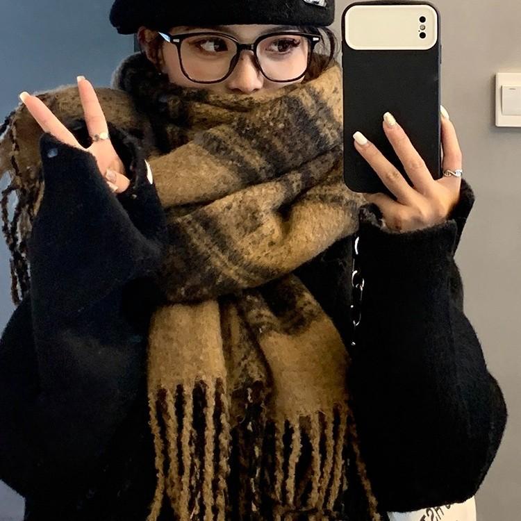 Korean Version of Mohair Plush Scarf for Women Winter High End New Versatile Plaid Scarf Student Shawl Outer Wear