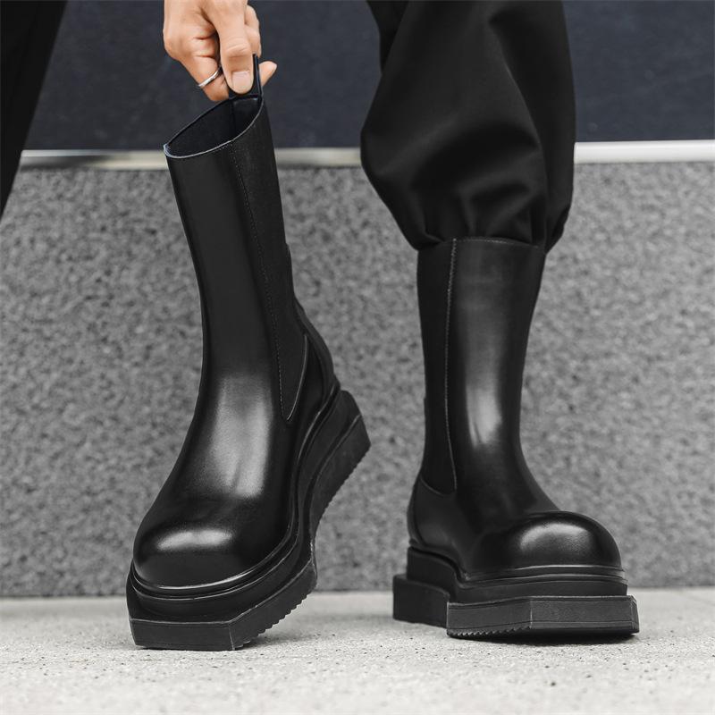 men fashion high chimney boots square toe original leather shoes stage nightclub long platform boot handsome motorcycle botas