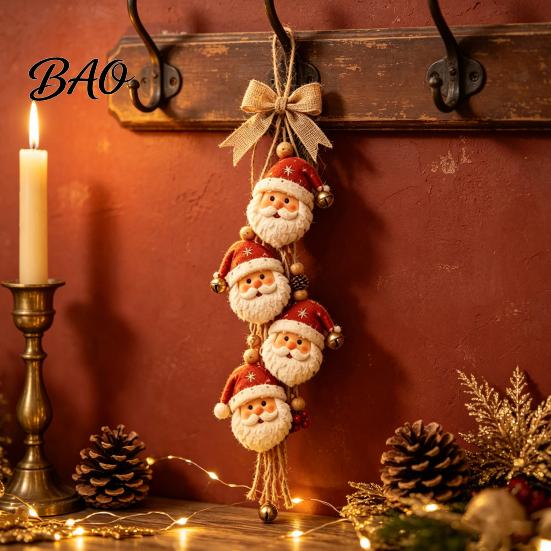 Xmas Tree Hanging Pendant Wooden Santa Claus Ornament, 2D Flat Pattern Sign with Jute Bows Rope And Bell, Vintage Door Hanger for Front Door,