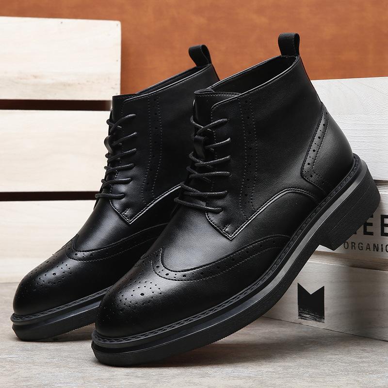 FashionCow Leather High-soled Brock High-top Boots for Men Autumn Winter Fleece Warm Ankle Boots Male Fashion Casual Platform Shoes Man