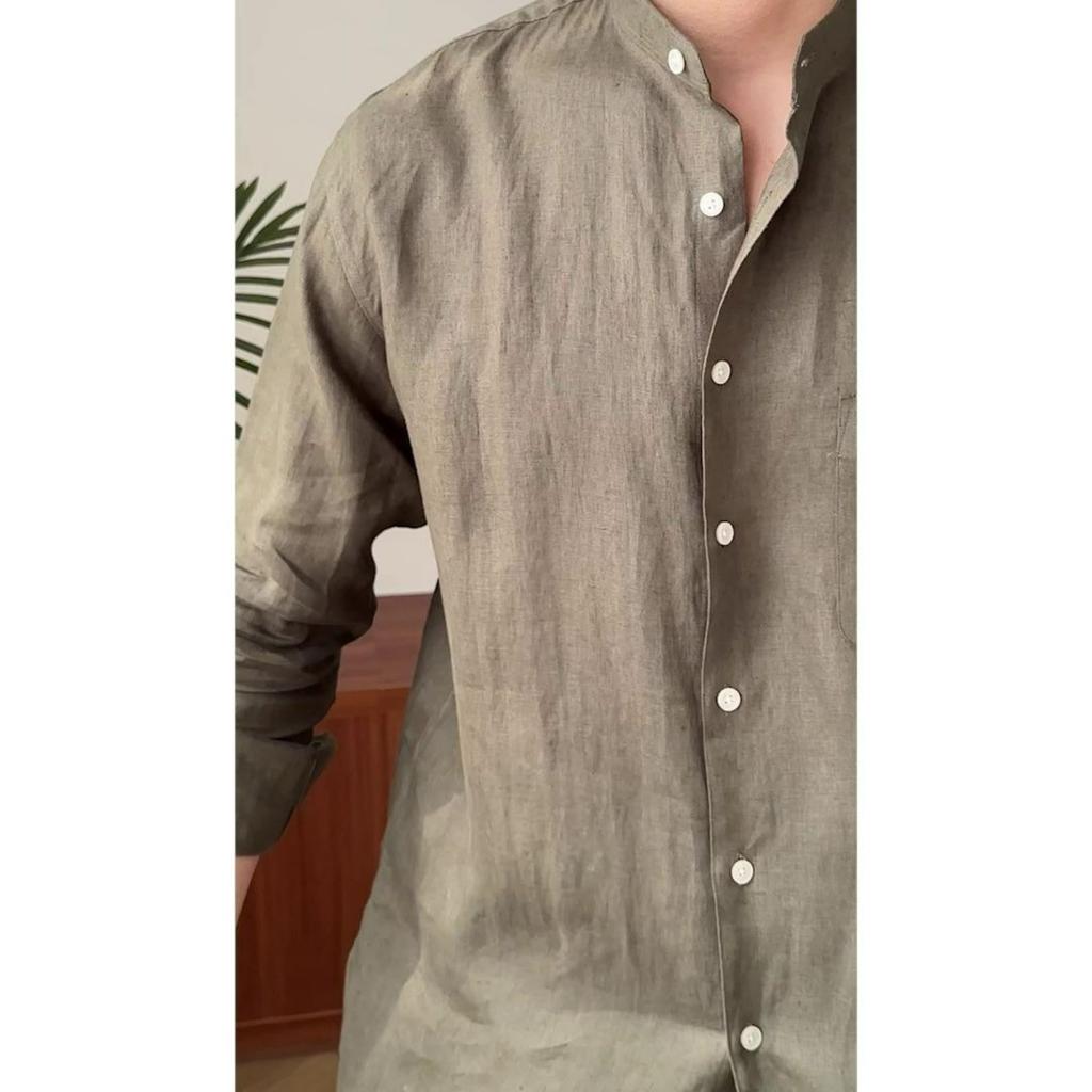 Casual Breathable Pure Linen Long-sleeved Shirt, All-match Vacation Stand-up Collar Shirt, Men's Stand-up Collar Top