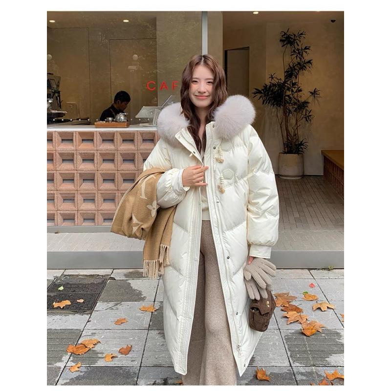 Fur collar down cotton clothes women's medium and long new knee horn buckle design sense fashion thickened winter coat