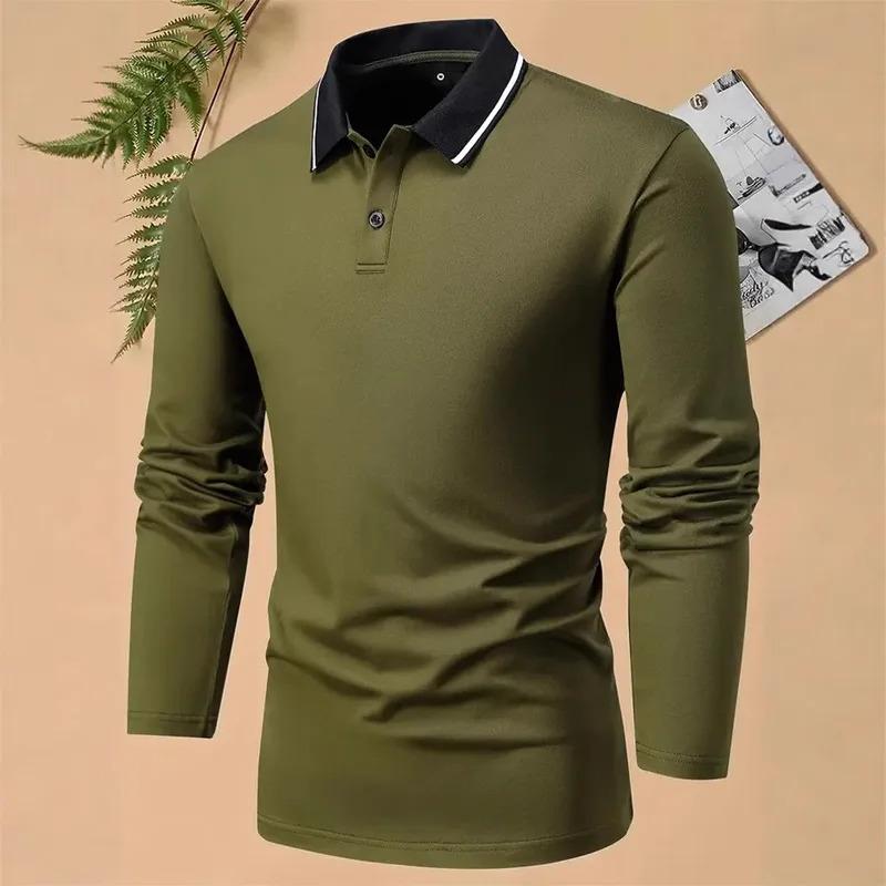 Ny 100% Polyester Herre Business Casual Langermet Poloskjorte Herre Ensfarget Enkel Stil Topper Poloskjorte Herre Klær Golfpolo