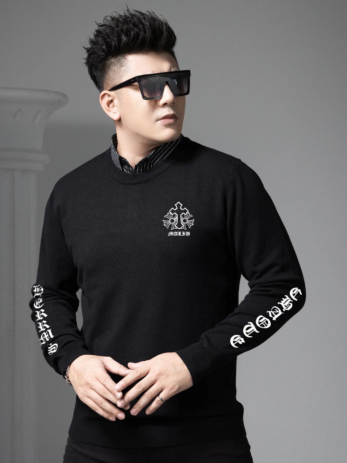 

European Style Fake Two-Piece Sweater for Men, 2025 Autumn and Winter New Round Neck High-End Printed Warm Knit Base Shirt 2XL чёрный