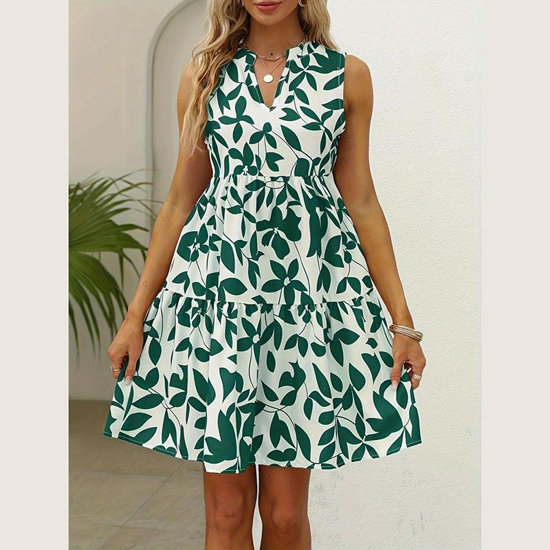 Women bohemian Summer Sleeveless leaves printed Holiday One Piece Dress