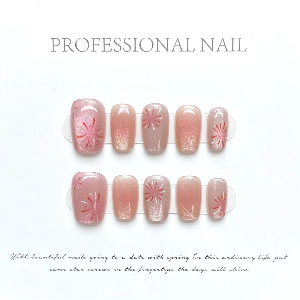 Pink Cat Eye Handmade Press On Nails With Bowknot And Love Heart Design Full Cover False Nail Tips For Women DIY Manicure