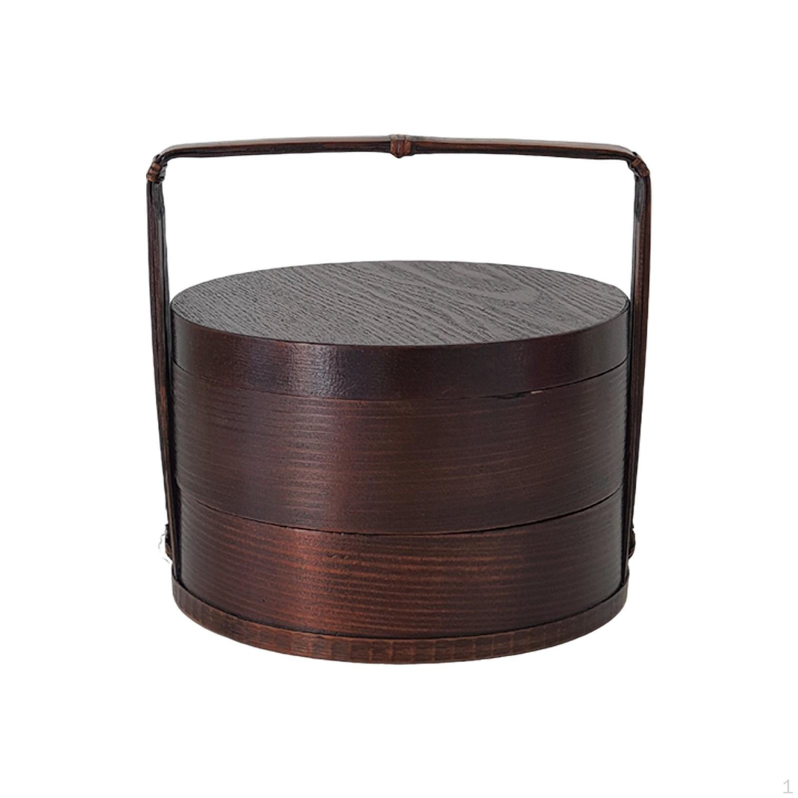 

Портативная коробка Bento Box 2 слоя Подарочная еда Прочная коробка для суши, деревянная с ручкой для 15x15x20 cm_Dark brown