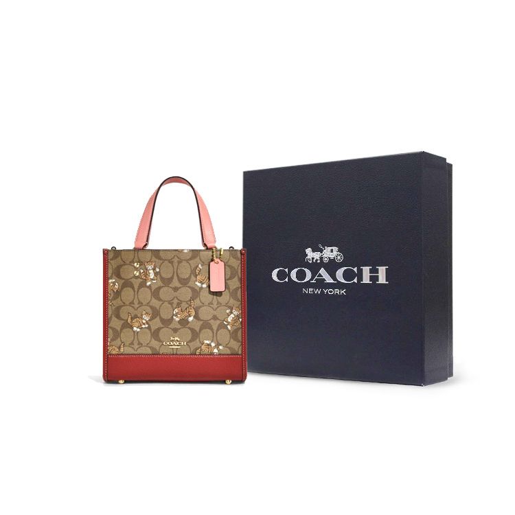 Coach Dempsey 22 Animal Badge Playful Cute Cat Canvas And Leather Tote Bag Women Tote Khaki CC424-IME7V