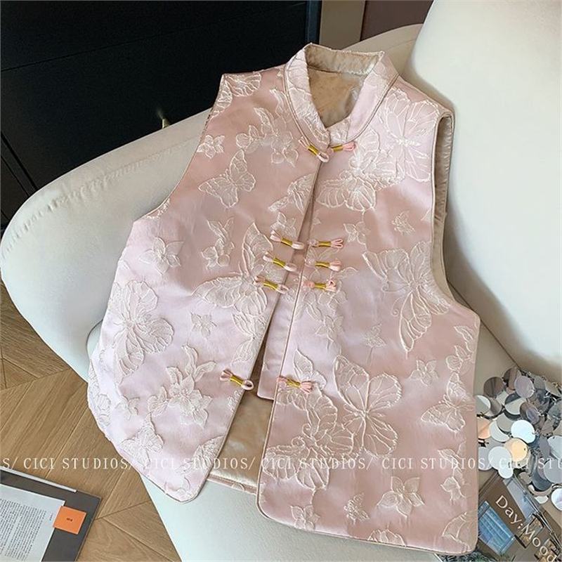 2025 New High-end Temperament Blue Butterfly Embroidered Vest Women's Disc Buckle Sleeveless Vest