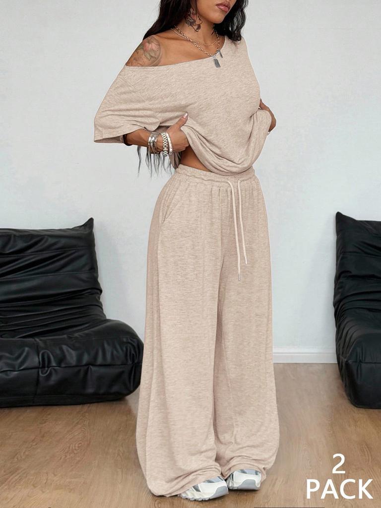 Brown Off Shoulder Short Sleeve Top and Wide Leg Pants Casual Sport Two Piece Set