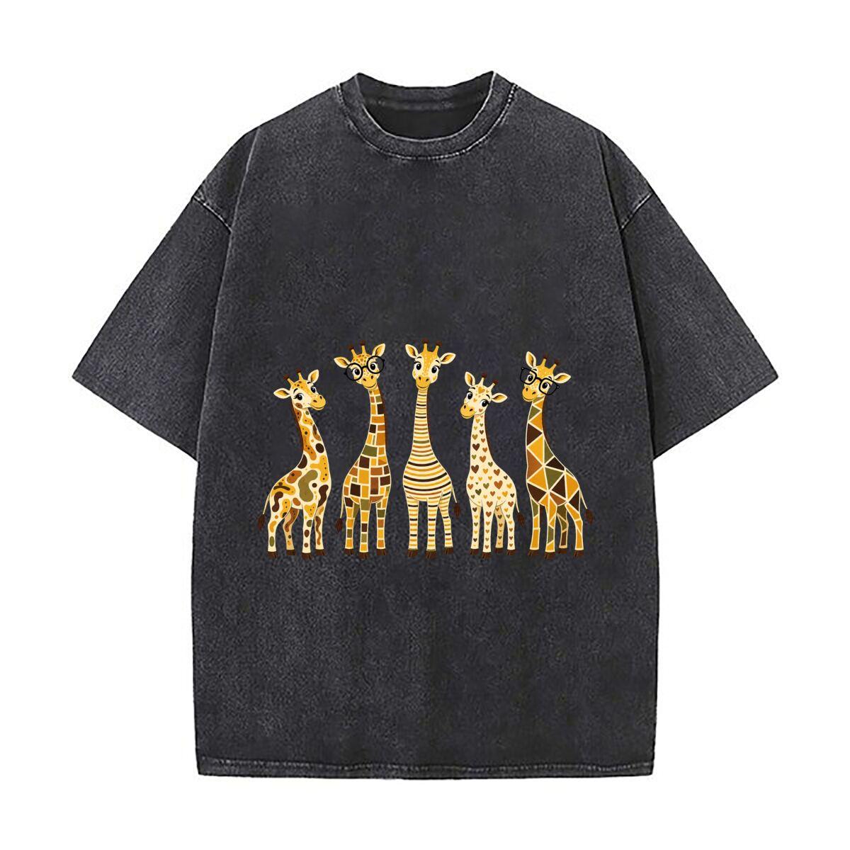 Whimsical Giraffe Family Pop Art Loose Solid Distressed T Shirt American Casual Crew Neck Top S