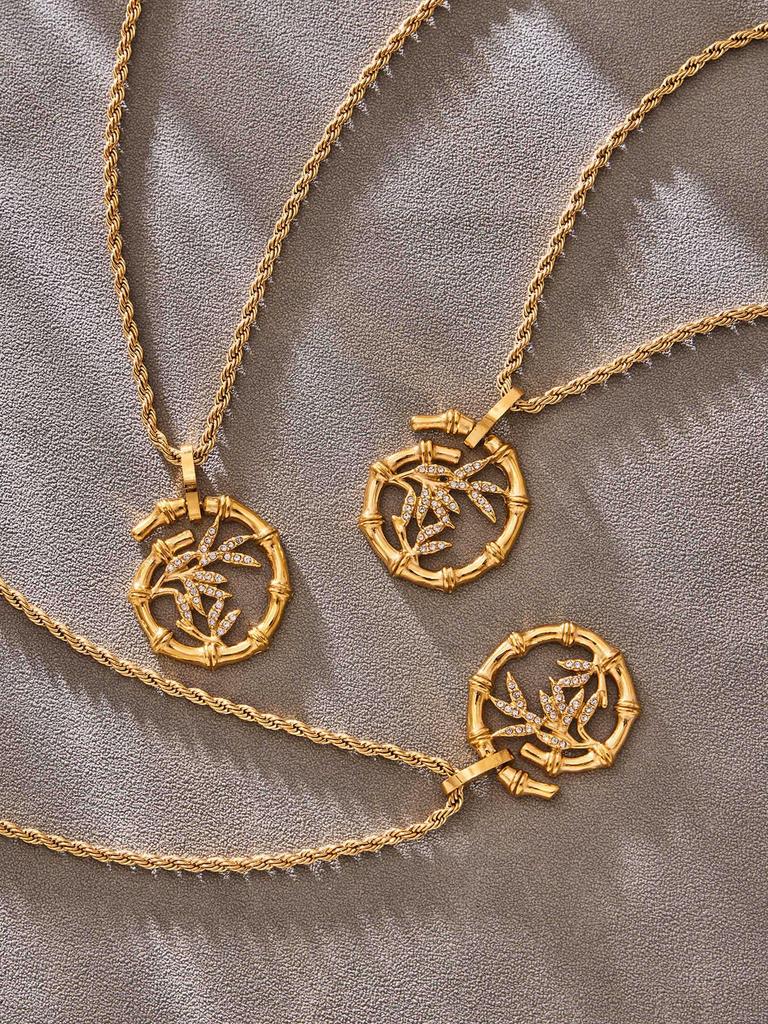 Elegant Bamboo & Diamond Pendant Necklace Bracelet with Freshwater Pearls On a Luxurious Braided Chain