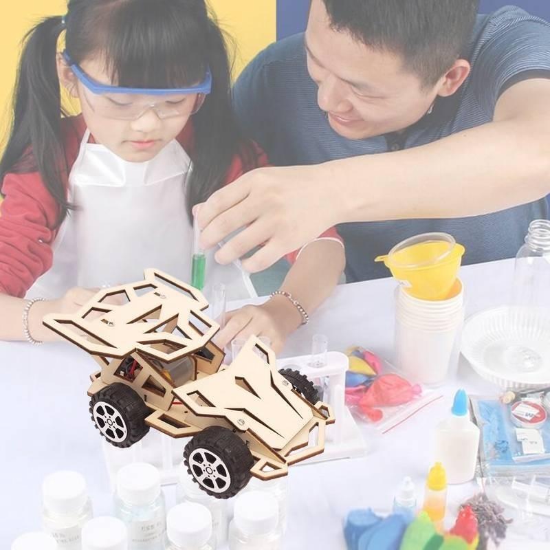 Stem Educational Diy Wooden 4wd Racing Car Science Experiment Toy For Kids Handmade Assembly