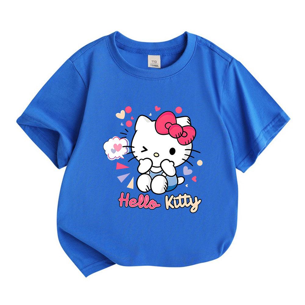 Kids Boys Girls Crew Neck Short Sleeve 100% Cotton T-Shirt, Cute Winking Cat Print Casual Soft Breathable Tee for Little Children Daily Wear Party Hol