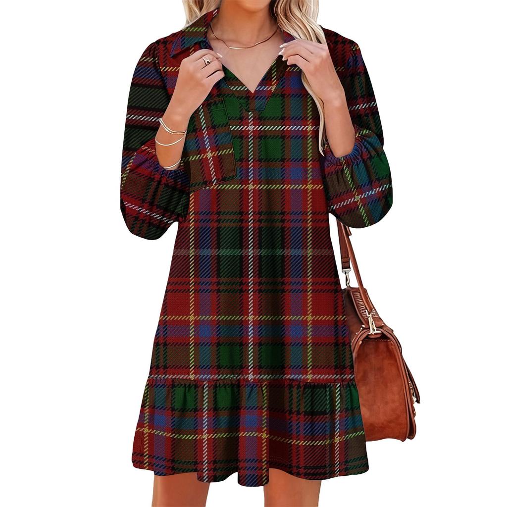 Women's fashionable and elegant long-sleeved V-neck pocket plaid print dress