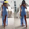 Damen Unregelmäßig Quaste Sommer Trend Skinny Schlitz Maxi Bodycon Geburtstagsparty Clubwear Kleider Blau Elegant Damen Trägerkleider