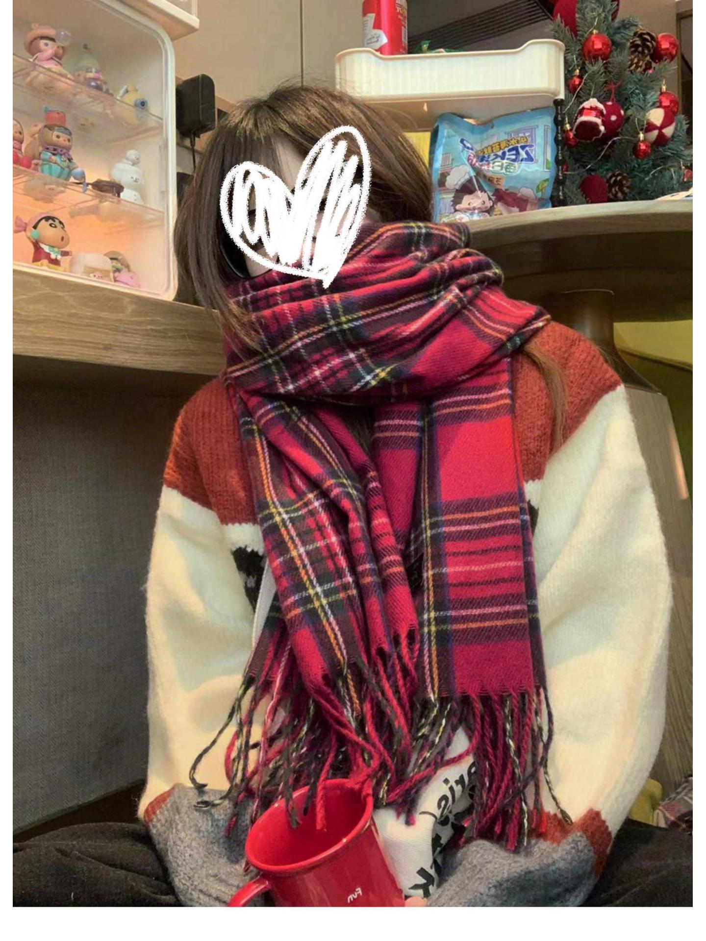 Vintage American Red Plaid Tassel Scarf Snood - Versatile & Warm Christmas Accessory for Women