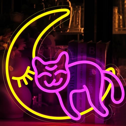 Anime Cat & Moon Neon Sign Personalized Neon Signs for Room Wall Decor LED Night Lights Home Decor Lights Gift for Girls Boys