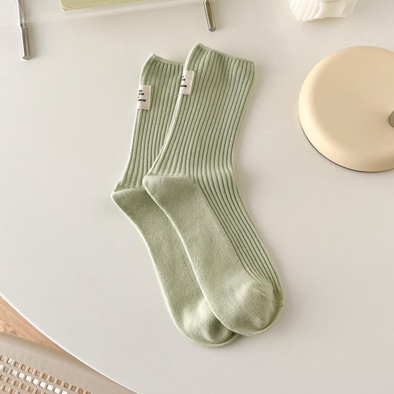 Japanese-Style Cotton Mid-Calf Socks with Waffle Texture and Macaron Fabric Label