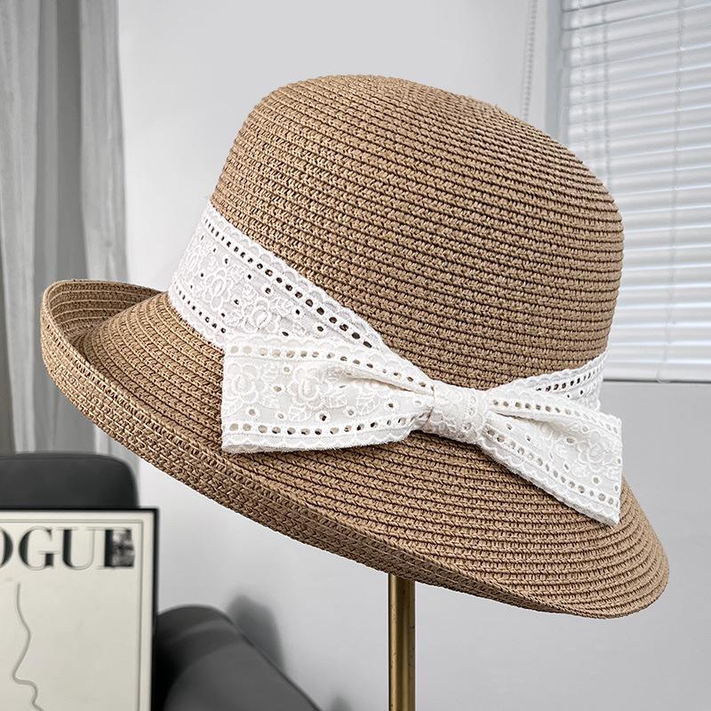 French Elegant Lace Bow Curled Edge Straw Hat Women's Spring and Summer Fashion Sunscreen Sun Hat Seaside Vacation Wind