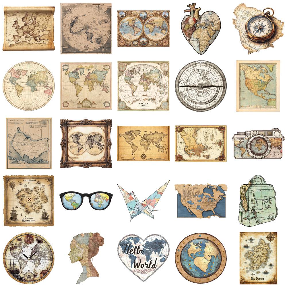 50 Retro Map Stickers: Personalized Decals for Journals, DIY, Water Bottles, and Phone Cases