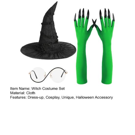 Doplňková sada kostýmu čarodějnice Černý čarodějnický klobouk Brýle s kulatými obroučkami Zelené drápové rukavice Sada pro ženy Halloween Cosplay Hra na role Párty