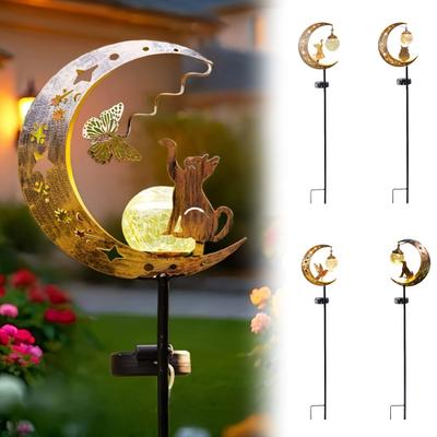 Solar Animal Garden Light, Moon Cat Bird Dog Solar Light with Metal Stake, Solar Powered Outdoor Animal Crescent Light for Patio Pathway Yard Decor