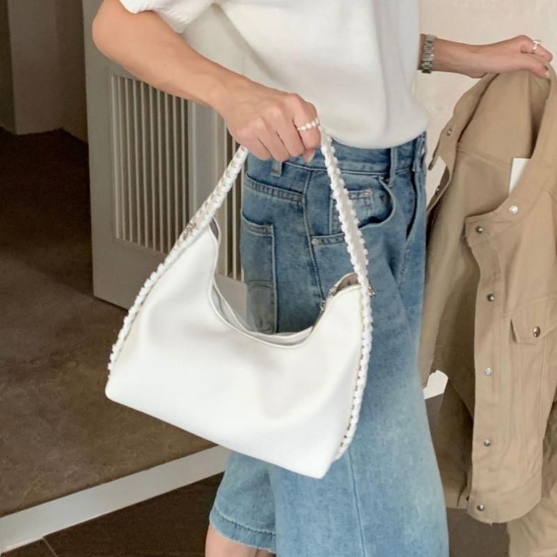 IELGY Woven Texture Fashion Underarm Bag Solid Color All-Match Crescent Bag Simple Trendy Portable One-Shoulder