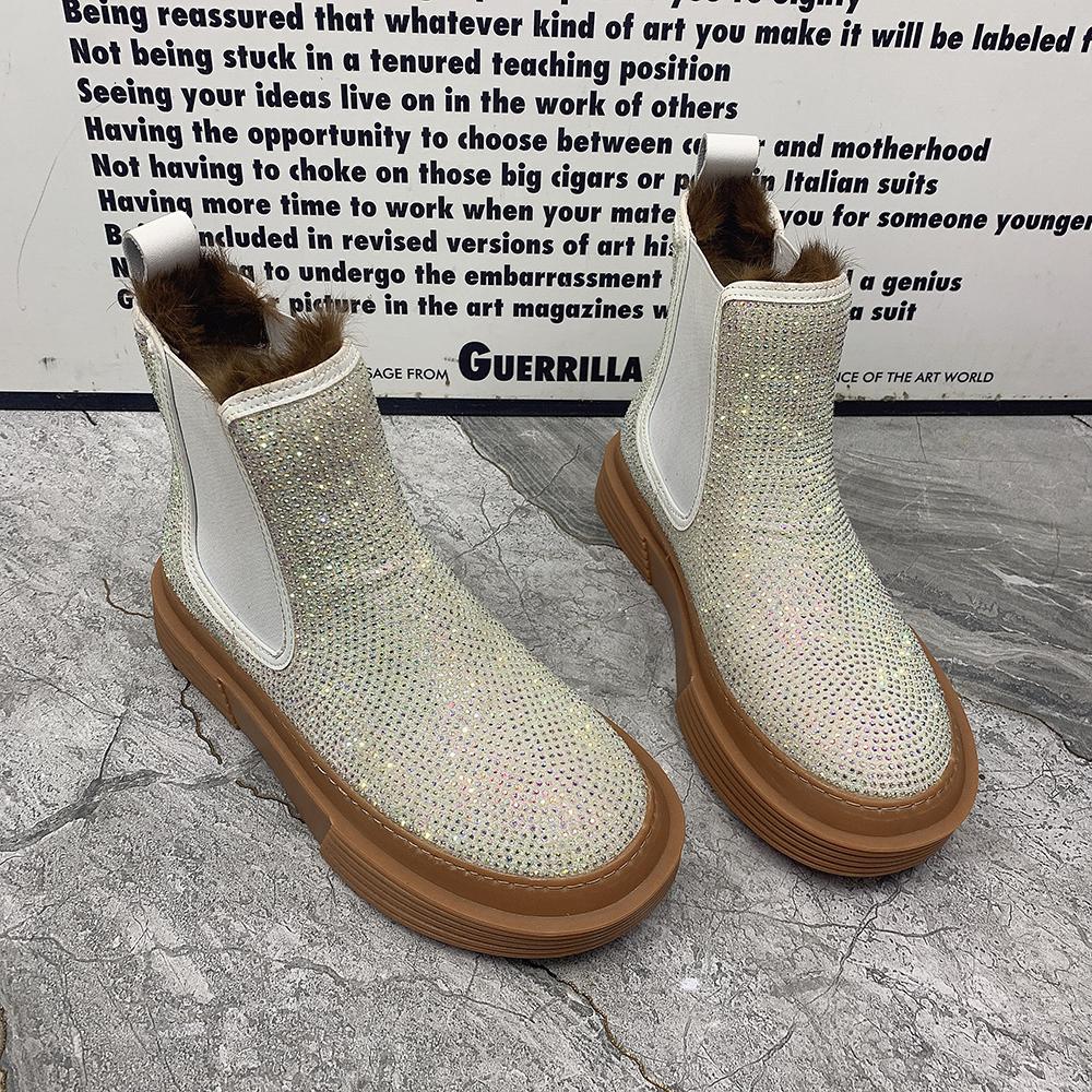 

Женские зимние сапоги Теплые на меху Снежные ботинки Нескользящая платформа Повседневные ботильоны Большого размера Модные Женские хлопковые ботинки со стразами 36 белый