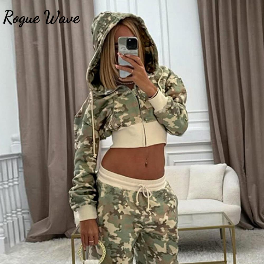

RogueWave Y2K Pink Camouflage Sportswear Two piece Set Women Hip-hop Rock Waist Exposed Slim Zipper Hoodie New Punk Casual Sports Pants S рожевий