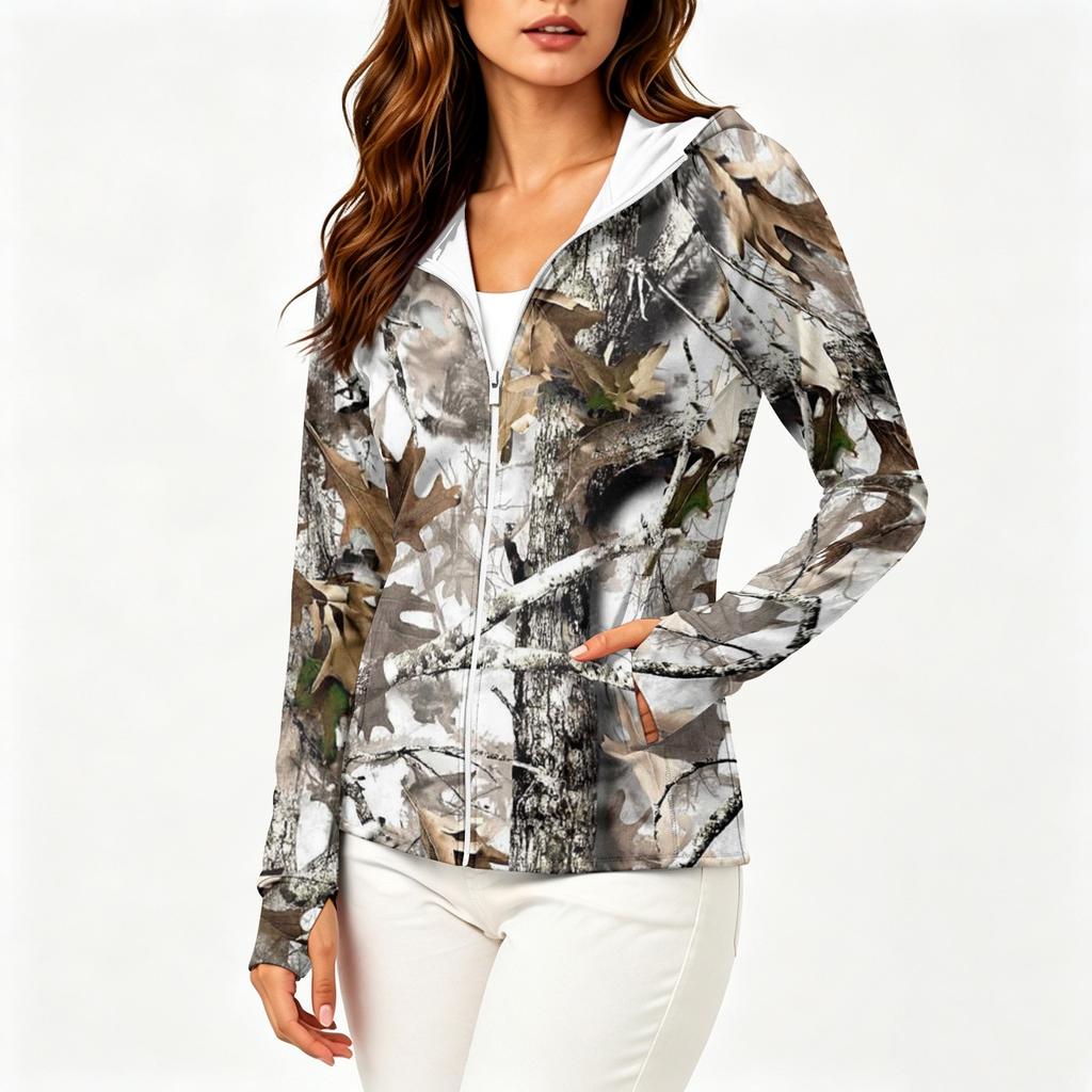 Women Lightweight Hooded Zip Up Jacket with Pockets Long Sleeve Printed Sun Protection Outerwear for Outdoor Activities