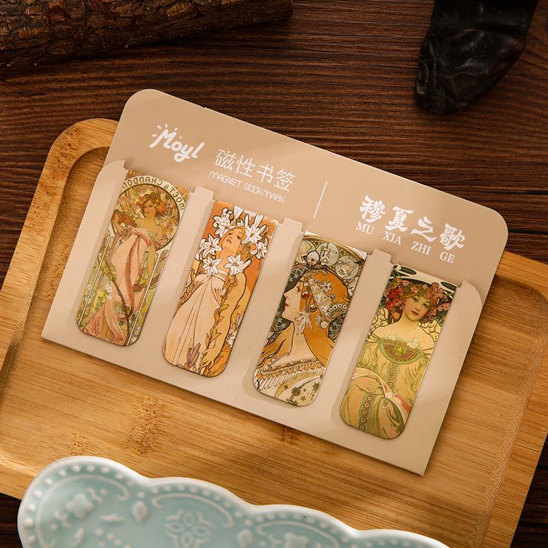 Set of 4 Magnetic Bookmarks: Van Gogh, Mucha, Monet, Ukiyo-e Art Clips & Fresh Refrigerator Magnets