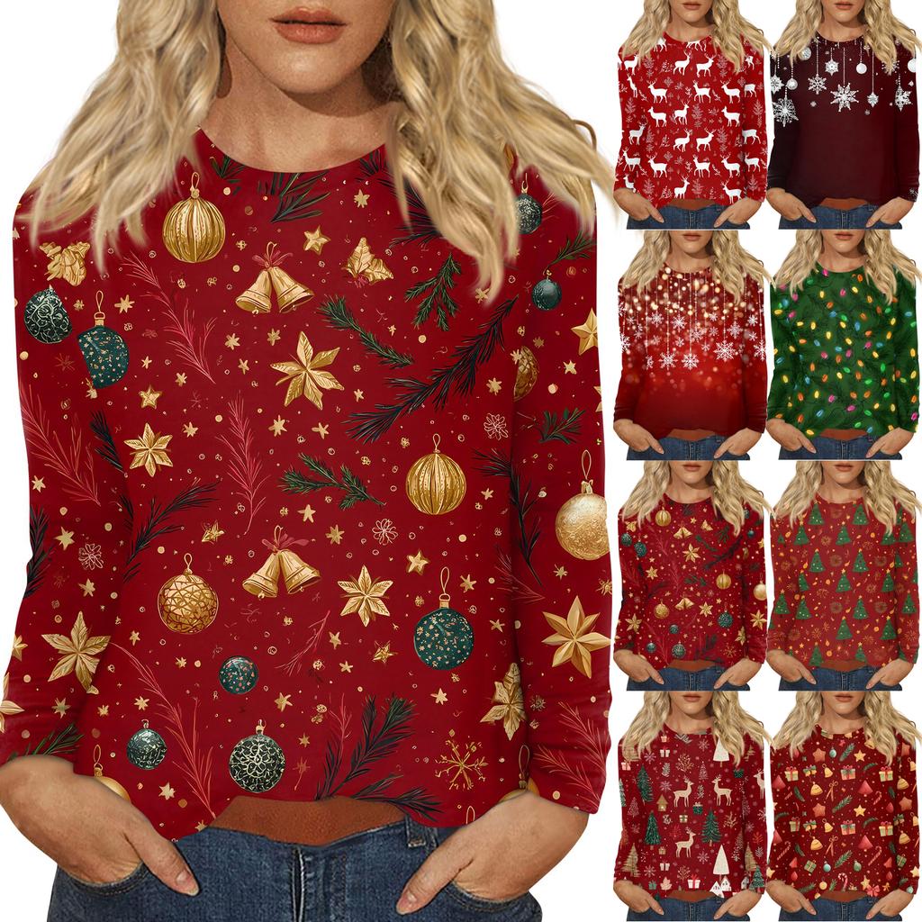 Mote for kvinner, avslappet juleprintet genser med rund hals og lange ermer