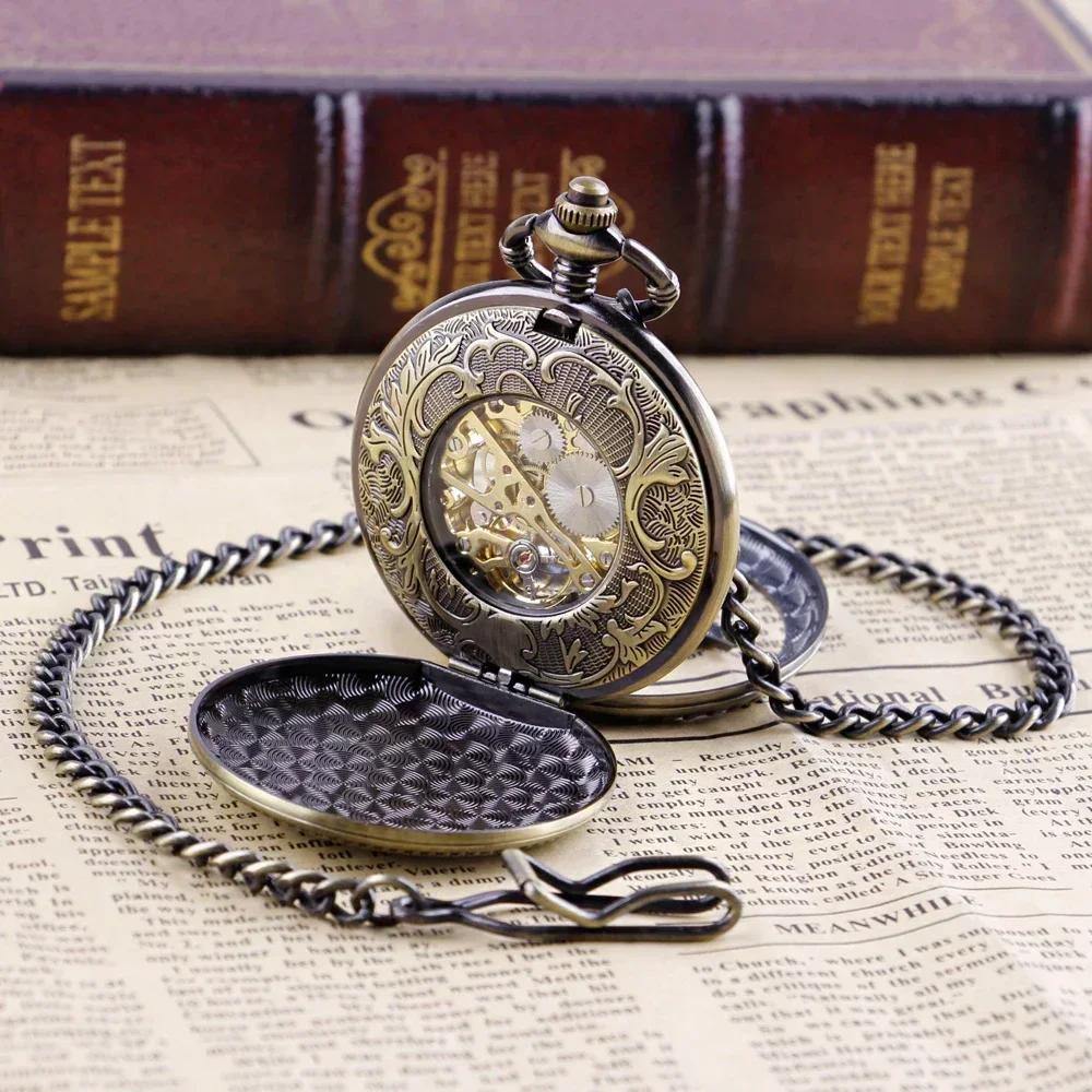 Exquisite Pegasus Mechanical Pocket Watch Bronze Hollow Flower Roman Case Self-Winding Luxury Pocket Watch Gifts for Men Women