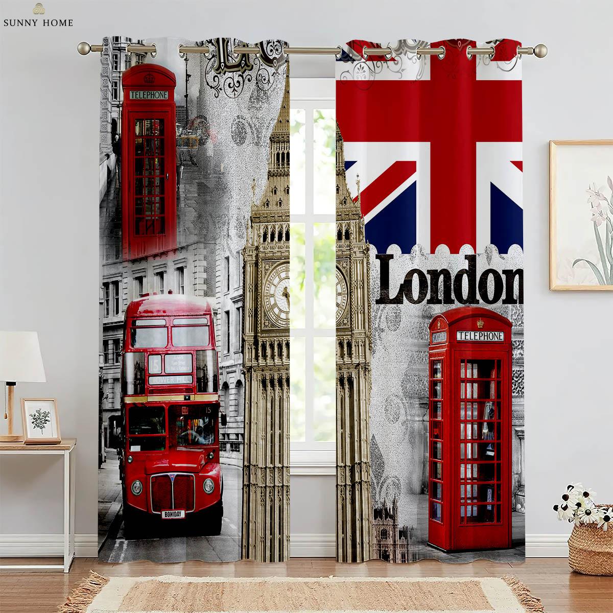 

Черно-белое ретро здание красный автобус 3D печать штора спальня гостиная кухня кабинет декоративная штора 2 штуки W50xH140(CM)x2PCS&Grommet Top