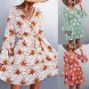 Women's Boho Print Lace-Up V-Neck Long Sleeve Dress