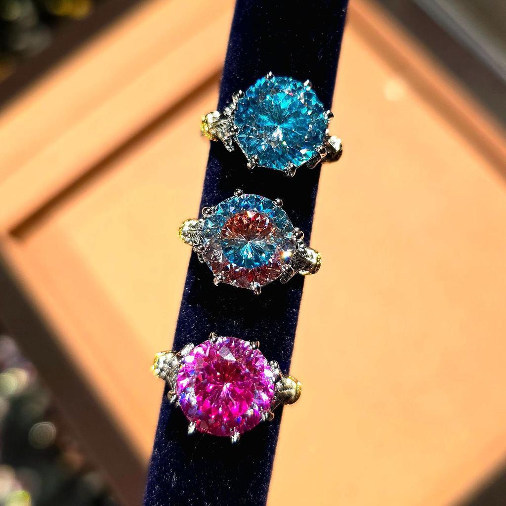 Fashion Light Luxury Octagonal Rose Cut Ring Fashion Inlaid High Carbon Diamond Two-Color Gold Paraiba Blue Diamond Ring Women