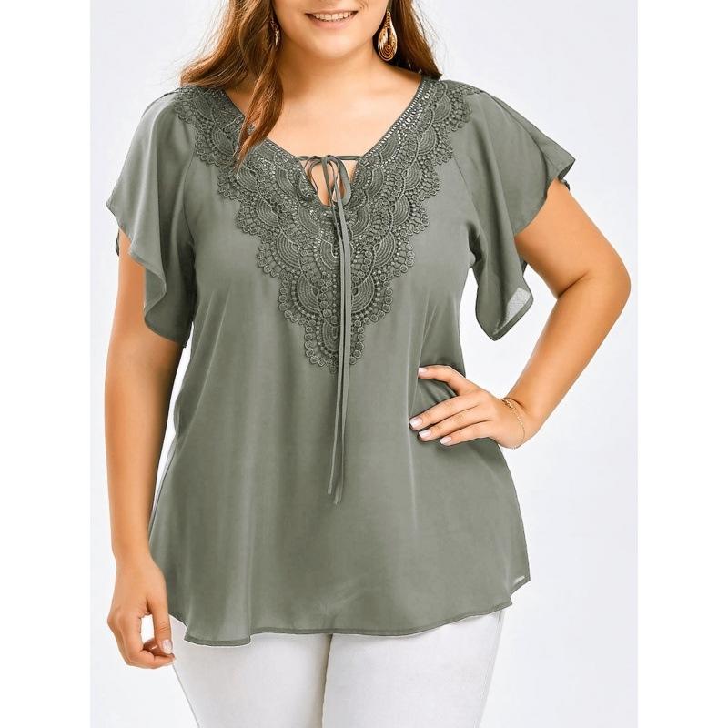Lace V Neck Loose Women Blouse Large Size Lace-up Short Sleeve Shirts Ladies Solid Color Loose Sweet Office Elegant Fashion Simple Clothing