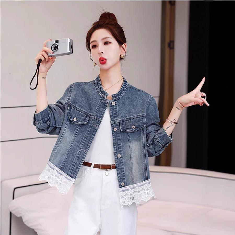 2025 Spring Women's Denim Jacket with Lace Patchwork and Stand Collar, Model OU6783