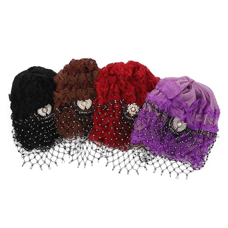 Turban din dantelă din plasă cu diamante cu flori pentru femei musulmane