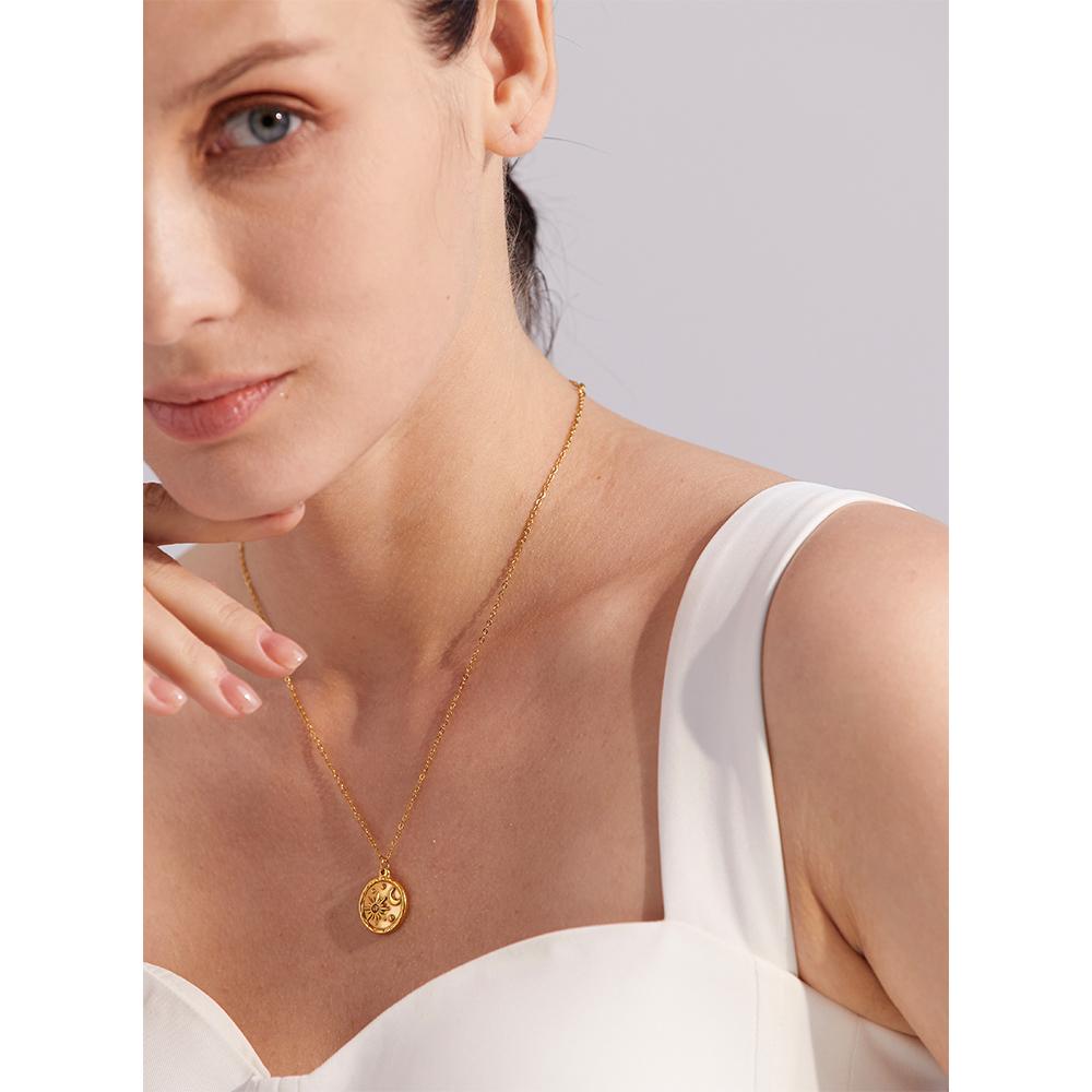 Yhpup Fashion Celestial Moon Sun Delicate Round Pendant Stainless Steel Necklace 18k Gold Plated Chain Trendy Charm Chic Jewelry