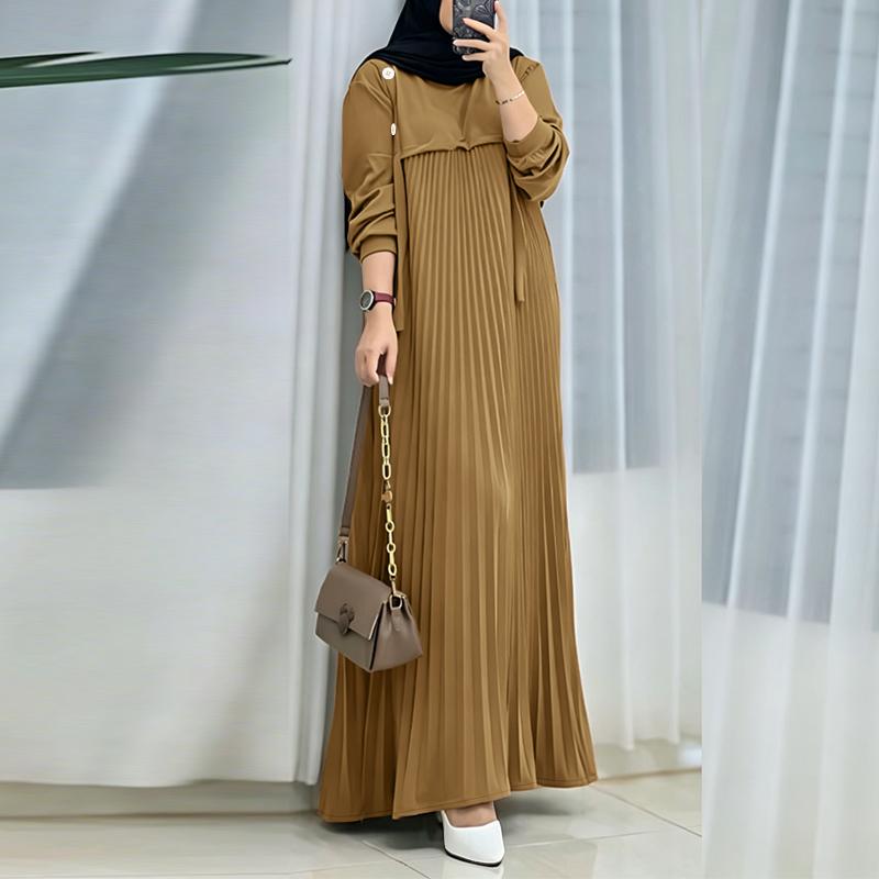 ZANZEA Women Muslim Casual Round Neck Loose Long Sleeve Pleated Long Dress