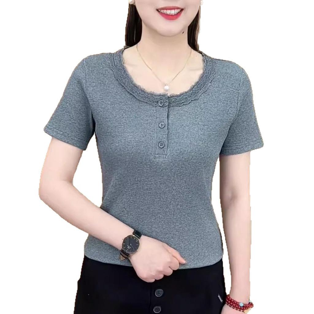 2025 Summer Fashion New Simple Solid Color Lace Round Neck Short Sleeve Versatile and Thin T-shirt Trend