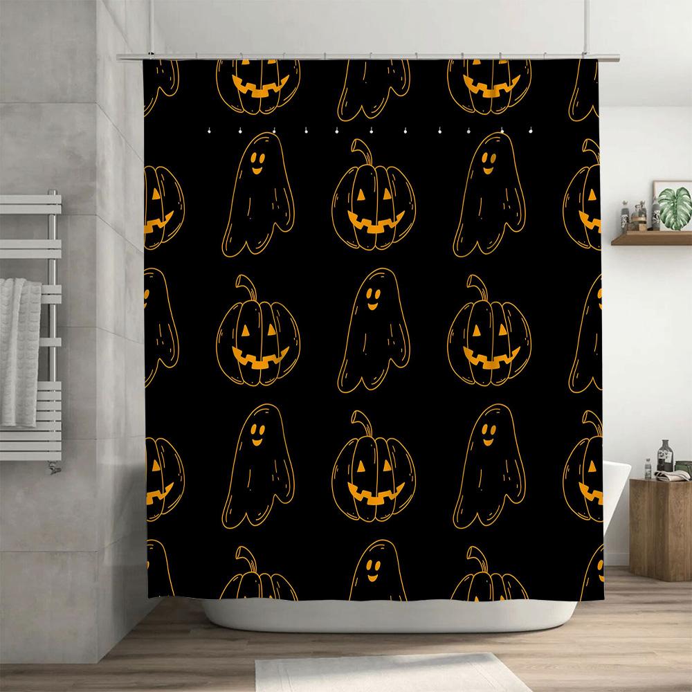 Halloween-themed Black Shower Curtain with Pumpkin Ghost Print for Home Bathroom Decor Waterproof Fabric Printed with Halloween
