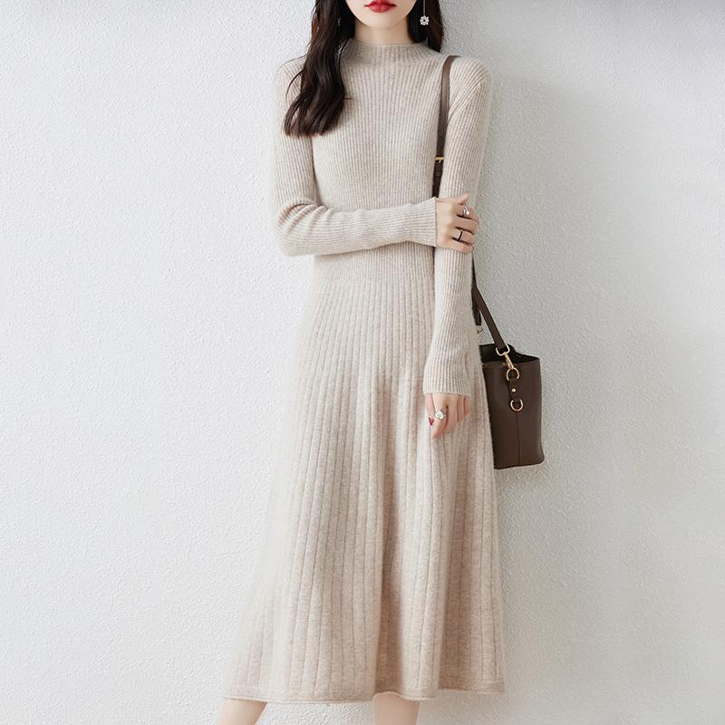 LYRIA New Women Mock Collar Dress 100% Merino Wool Pullover Skirt Autumn Winter Knitted Long Sweater Female Chic Fishtail Dress