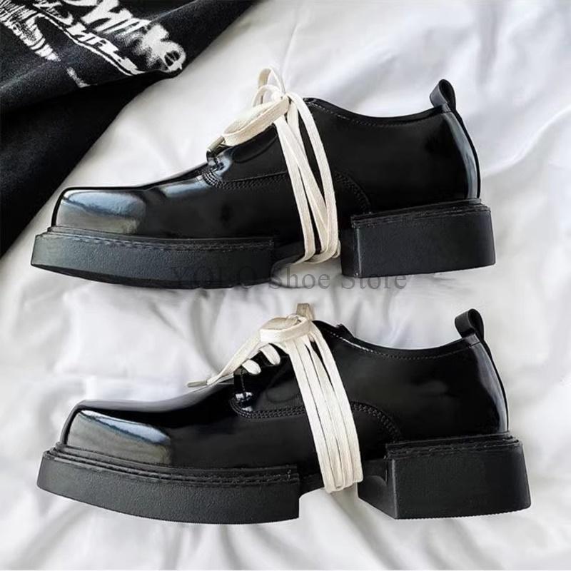 

Мужские туфли дерби на шнуровке в стиле ретро-преппи, контрастный цвет, нишевый дизайн, лакированная кожа, квадратная головка, толстая подошва, простые, новые 43 чёрный