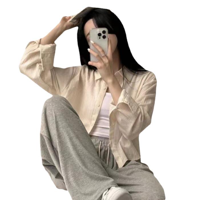 Korean Chic Blue Pinstripe Long-Sleeve Sun Protection Shirt for Women