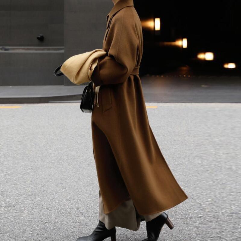 Johnature Lace-up Double-sided Coats Winter Women Mid-length Korean Long Coat